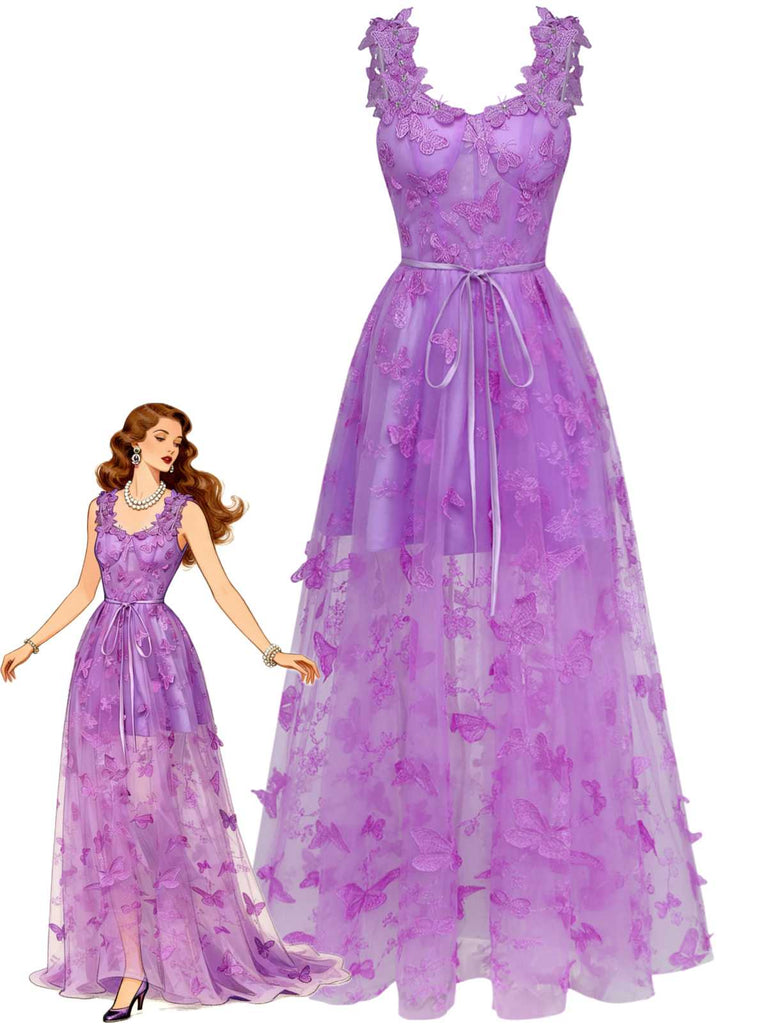 Abito lungo farfalle 3D in rete con spalline sottili anni '30