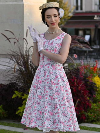 Abito a ruota con fiori a fiorellini rosa anni '50