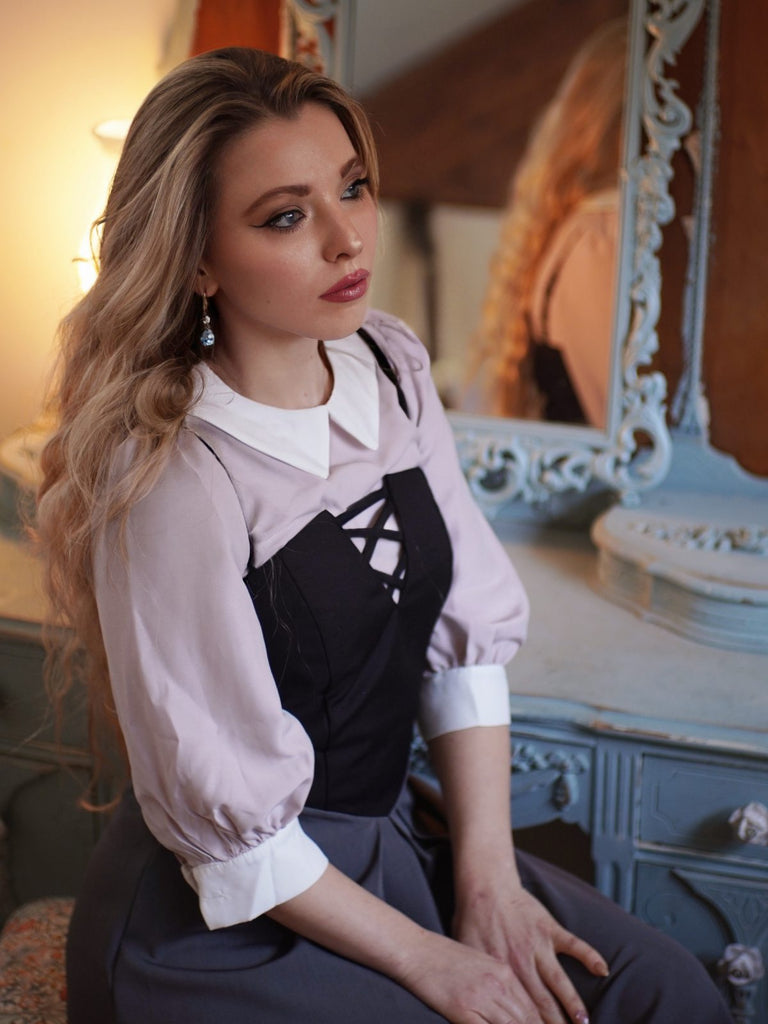 2PCS Camicetta rosa e abito grigio colorblock anni '40