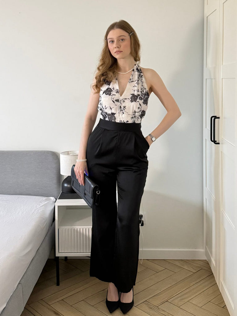 Tuta scollo all'americana floreale bianco e nero anni '30