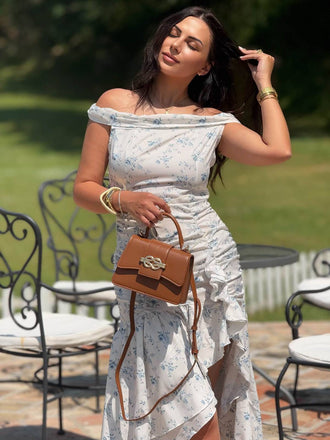 Abito spalle scoperte e volant floreali blu anni '30