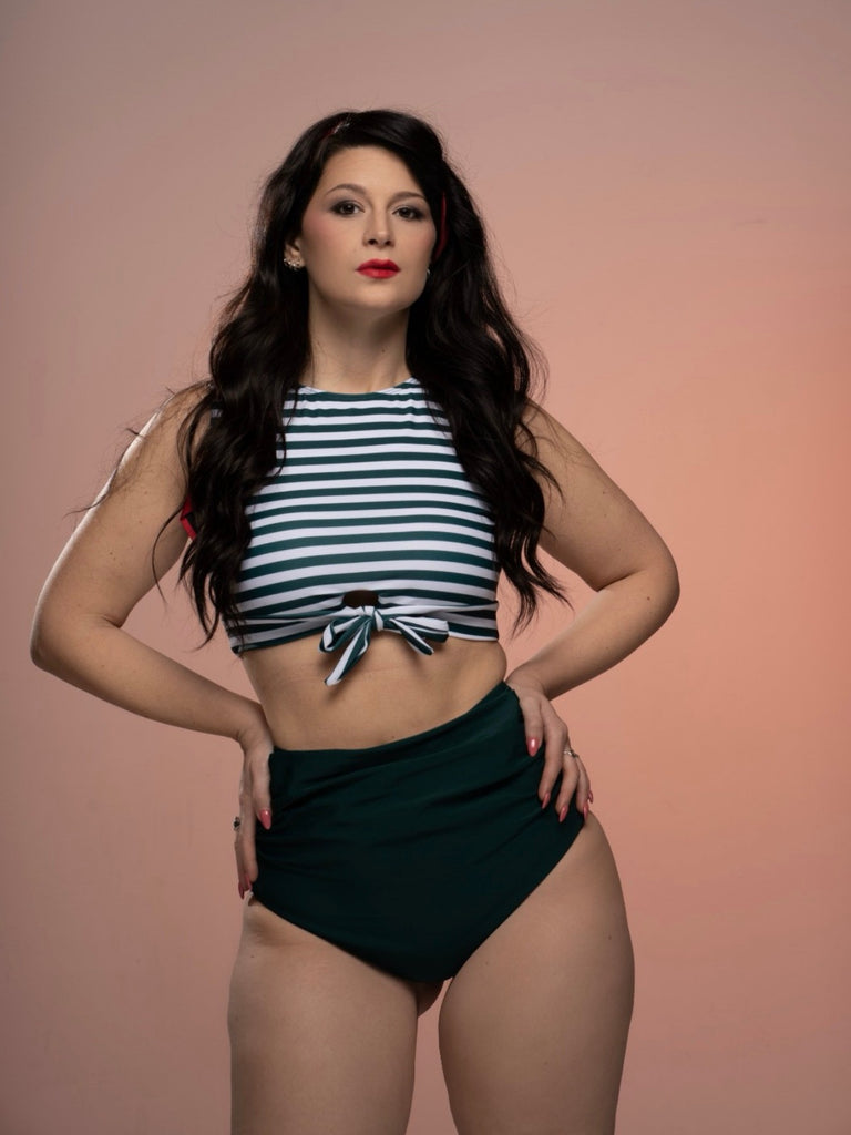 Costume da bagno patchwork a righe verde anni '70