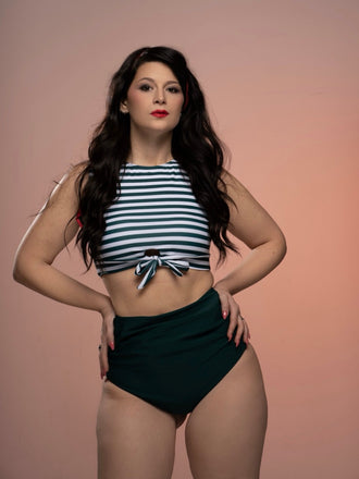 Costume da bagno patchwork a righe verde anni '70