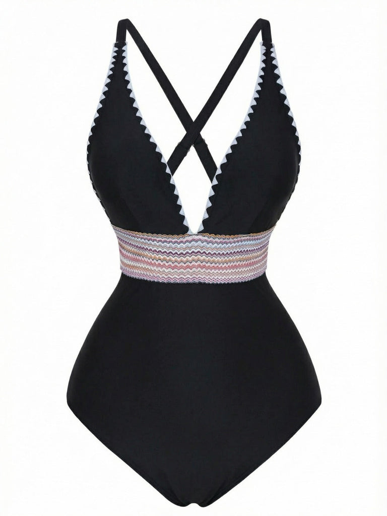 Costumi intero con patchwork ondulato e scollo a V anni '40