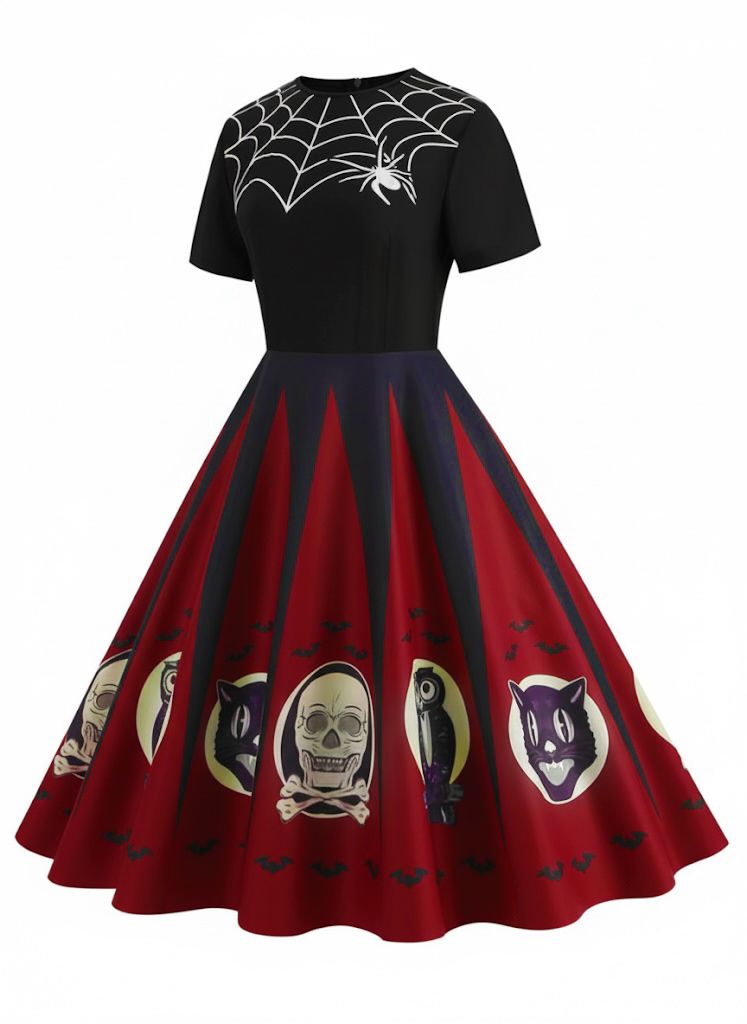 Abito con stampa ragnatela patchwork Halloween rosso anni '50