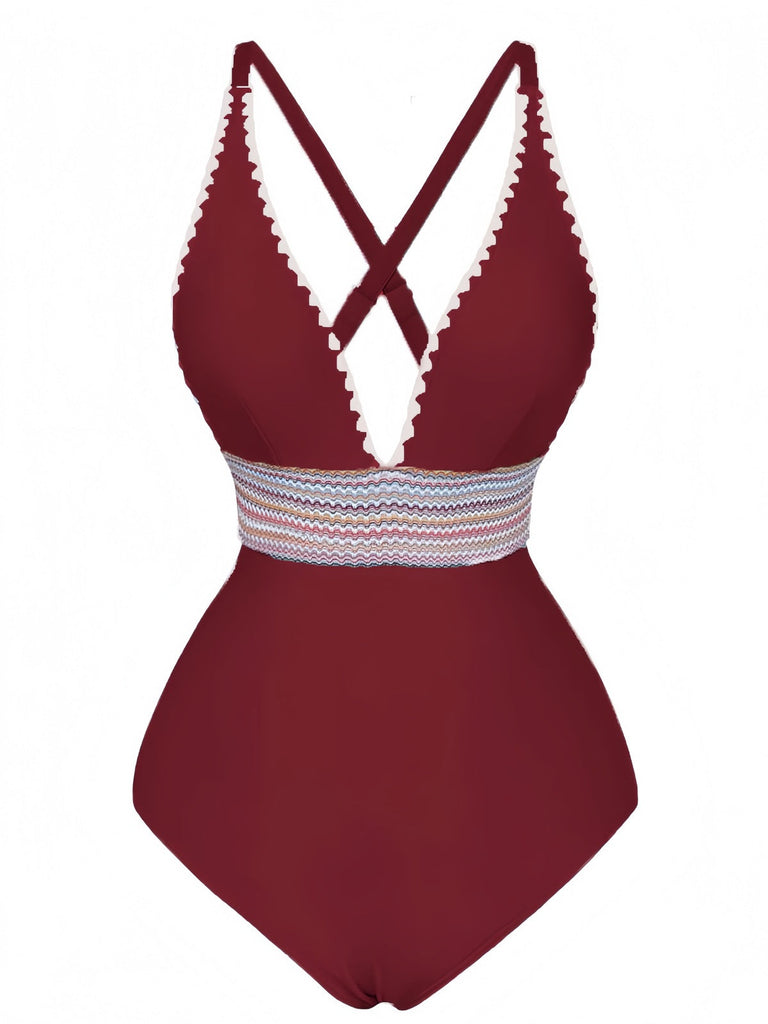 Costumi intero con patchwork ondulato e scollo a V anni '40