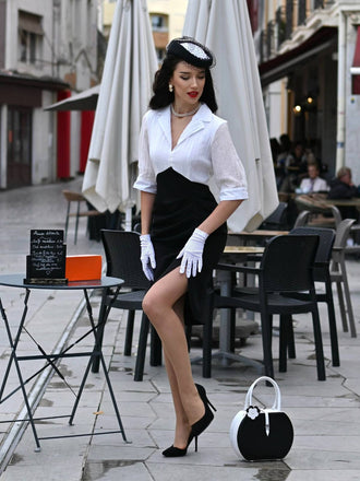 Abito aderente con risvolto bianco e nero anni '60