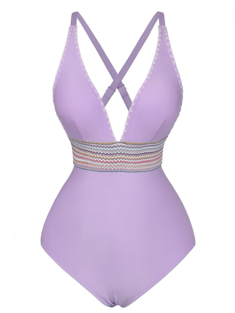 Costumi intero con patchwork ondulato e scollo a V anni '40