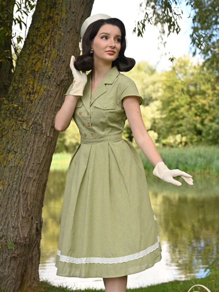 [Prevendita] Abito patchwork in cotone plaid e pizzo verde anni '40