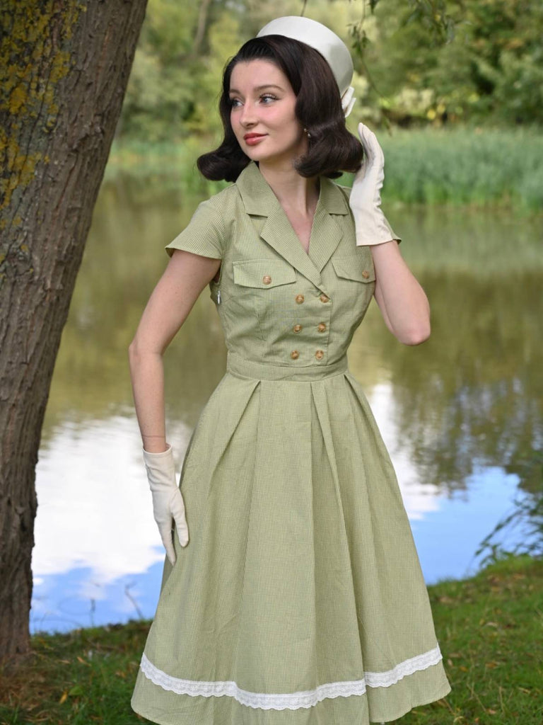 [Prevendita] Abito patchwork in cotone plaid e pizzo verde anni '40