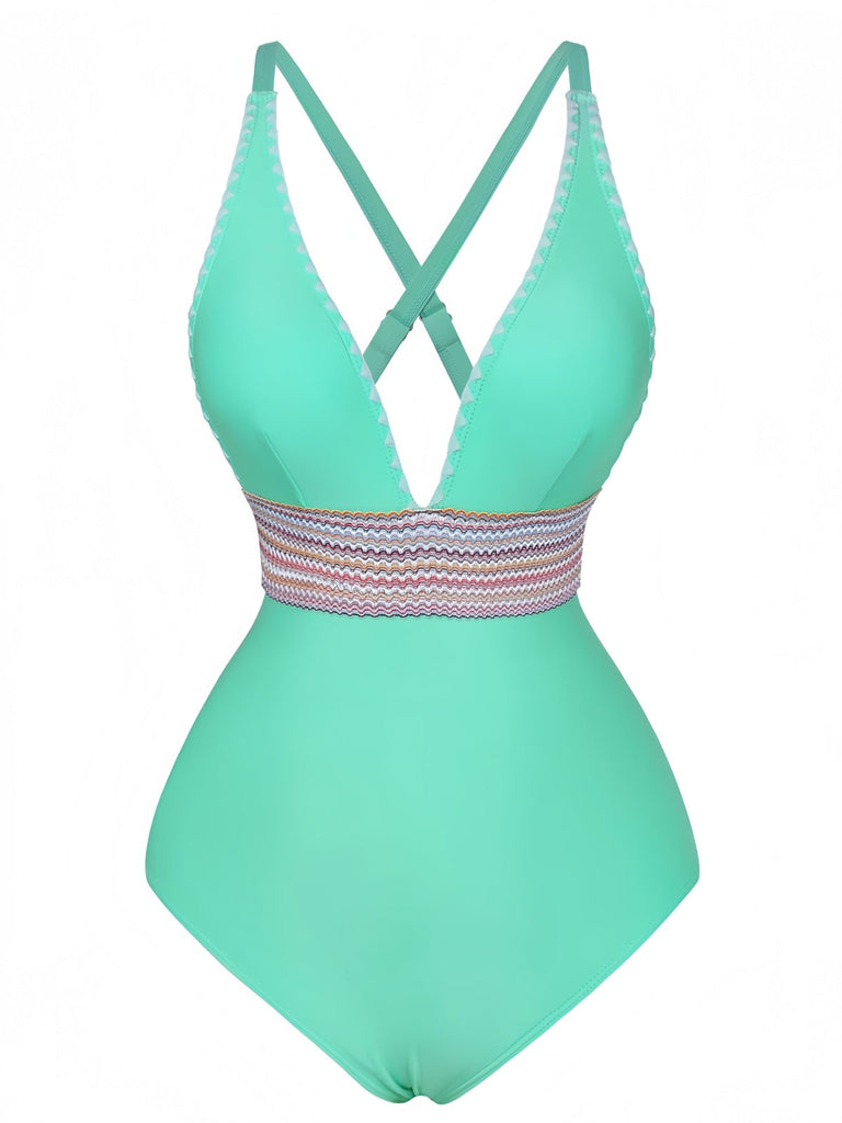 Costumi intero con patchwork ondulato e scollo a V anni '40