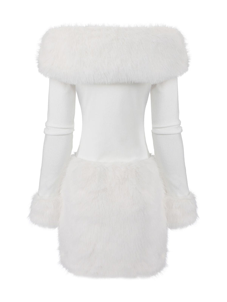 Abito con spalle scoperte in pelliccia sintetica natalizio bianco anni '60