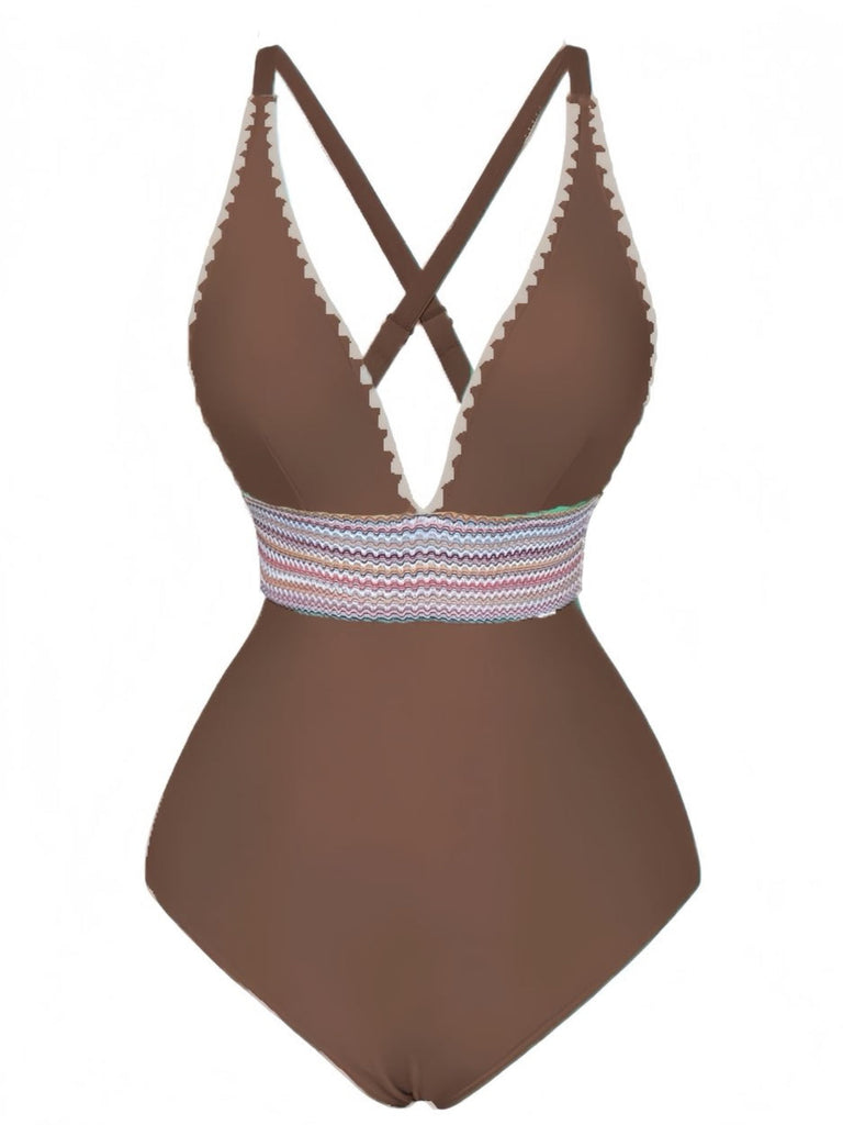 Costumi intero con patchwork ondulato e scollo a V anni '40