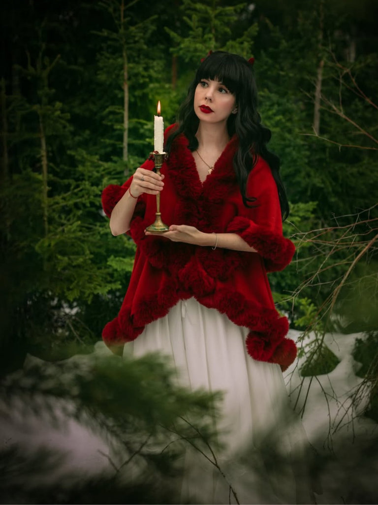 Scialle con collo di pelliccia a doppio strato bordeaux anni '50