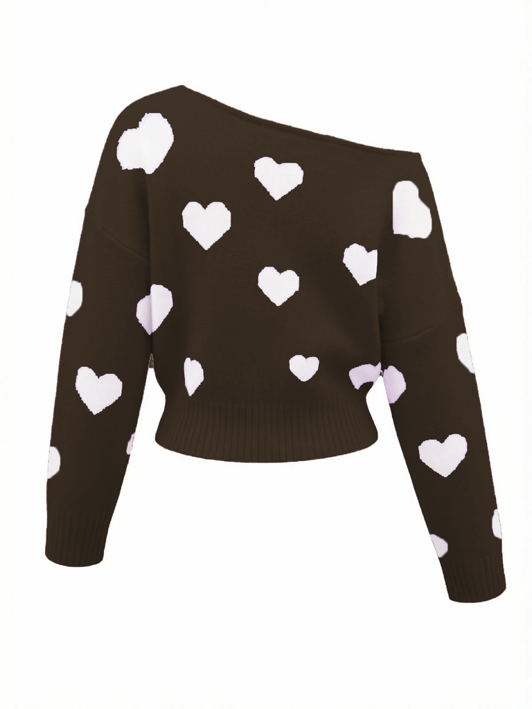 Maglione asimmetrico con spalle scoperte e cuore rosa anni '70