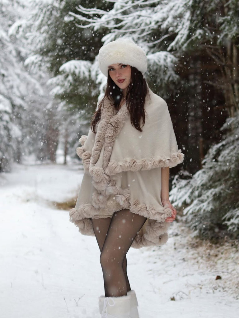 Scialle con collo di pelliccia a doppio strato cachi anni '50