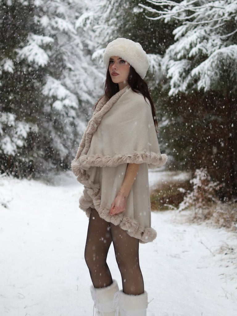 Scialle con collo di pelliccia a doppio strato cachi anni '50