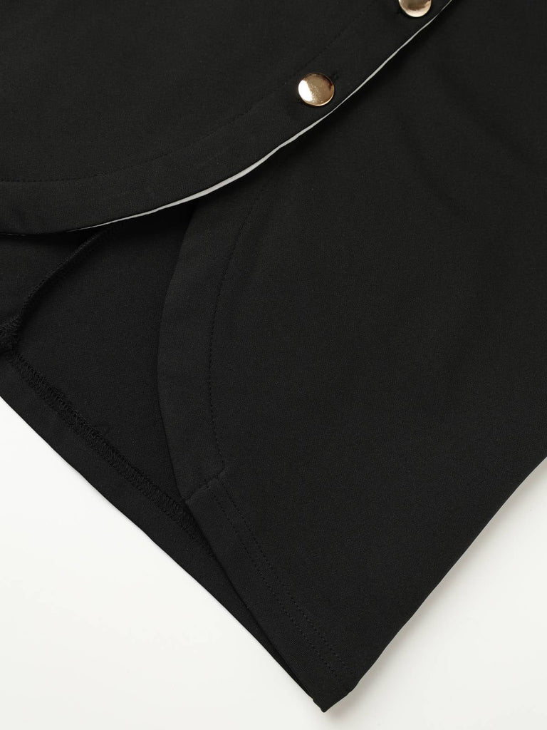 Abito aderente senza maniche con revers e bottoni nero anni '60