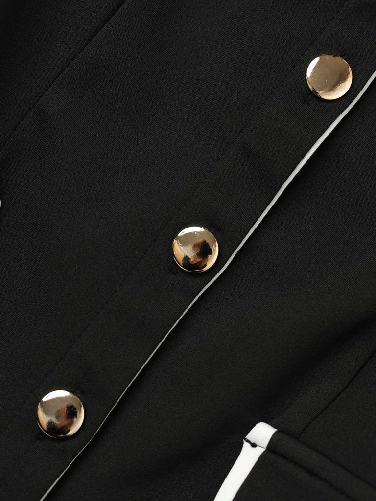 Abito aderente senza maniche con revers e bottoni nero anni '60