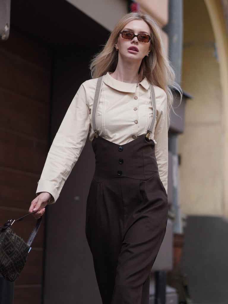 2PCS Camicetta in cotone e pantaloni con bretelle anni '30