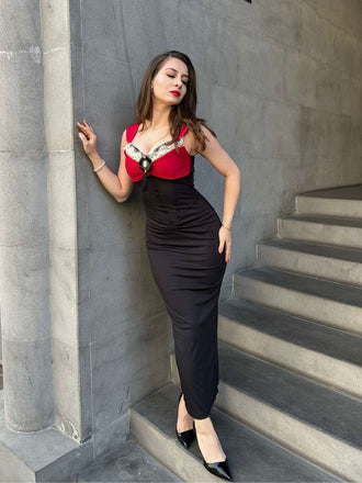 Abito a sirena a spina di pesce contrasto bordeaux anni '30