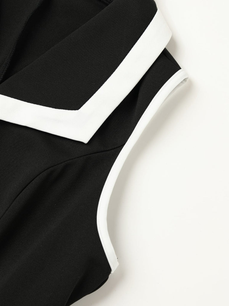 Abito aderente senza maniche con revers e bottoni nero anni '60