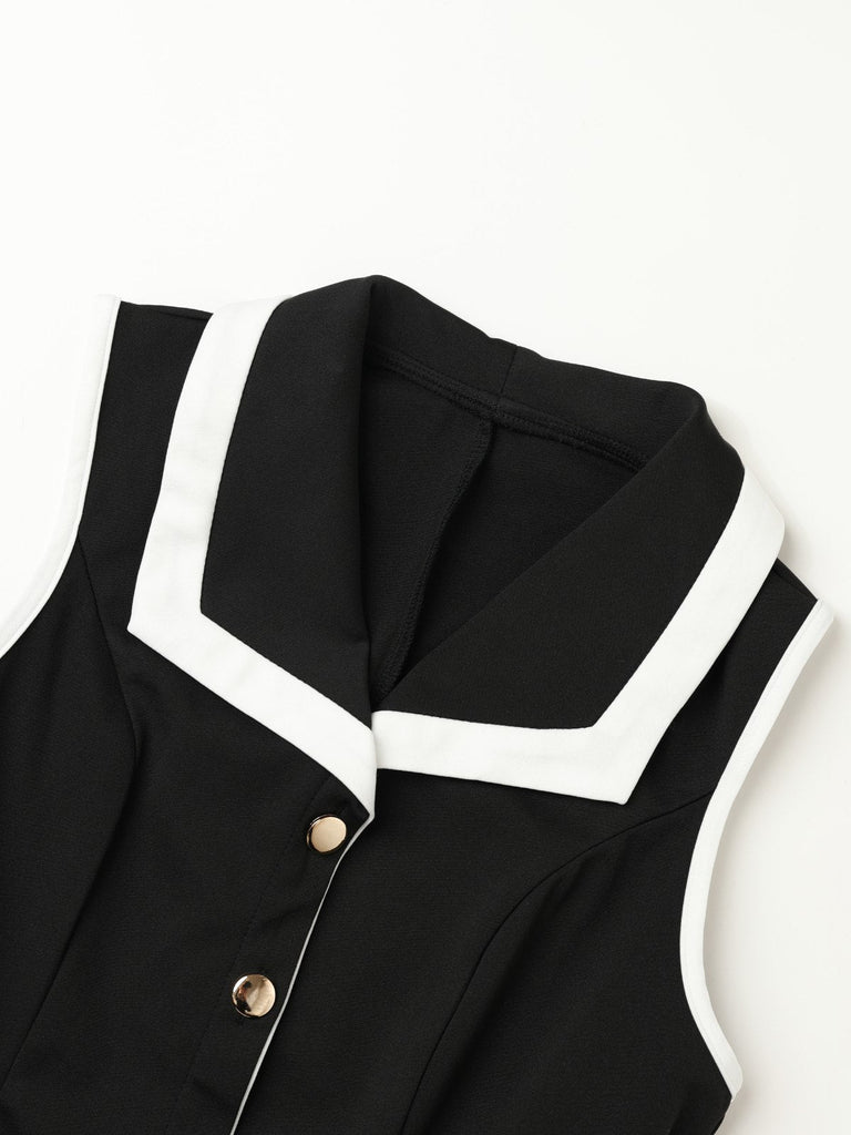 Abito aderente senza maniche con revers e bottoni nero anni '60