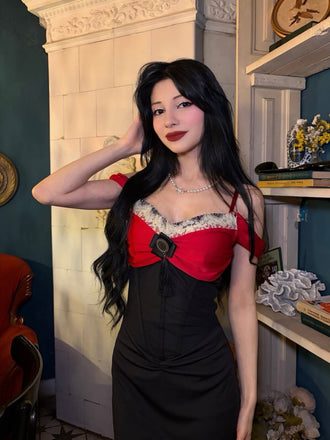 Abito a sirena a spina di pesce contrasto bordeaux anni '30