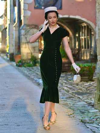 Abito a sirena in velluto con scollo a V verde anni '30