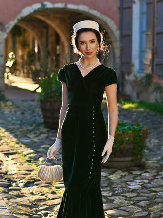 Abito a sirena in velluto con scollo a V verde anni '30