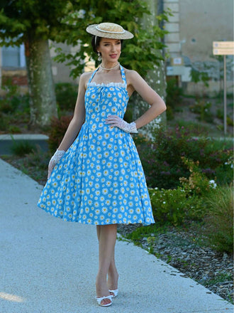 Abito scollo all'americana lacci e margherite blu anni '50