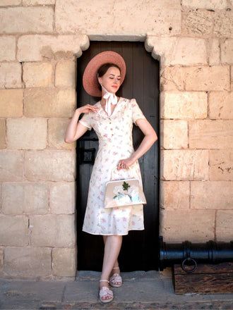 Abito floreale maniche a sbuffo puro cotone beige anni '40