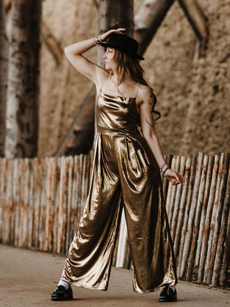 Tuta lunga scollo a cappuccio spalline oro metallizzato anni '80