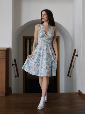 Abito scollo a V floreale blu anni '50