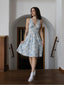 Abito scollo a V floreale blu anni '50