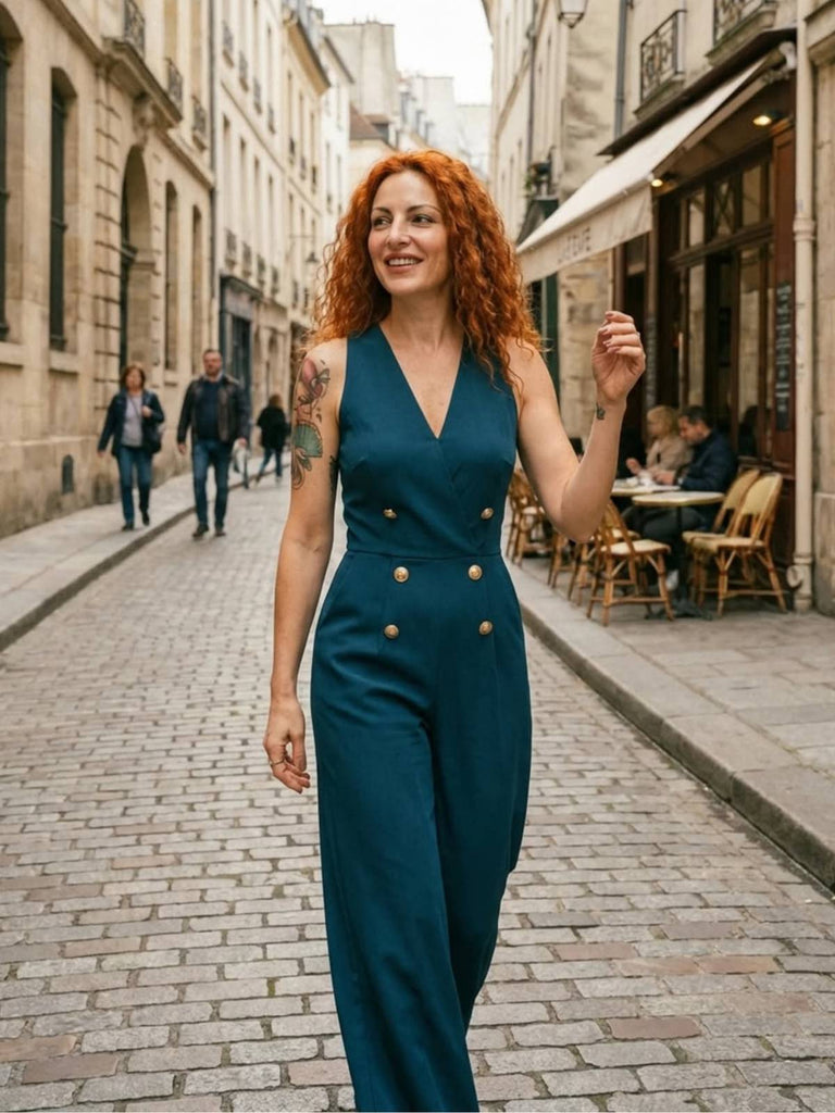 Tuta senza maniche con bottoni blu anni '50