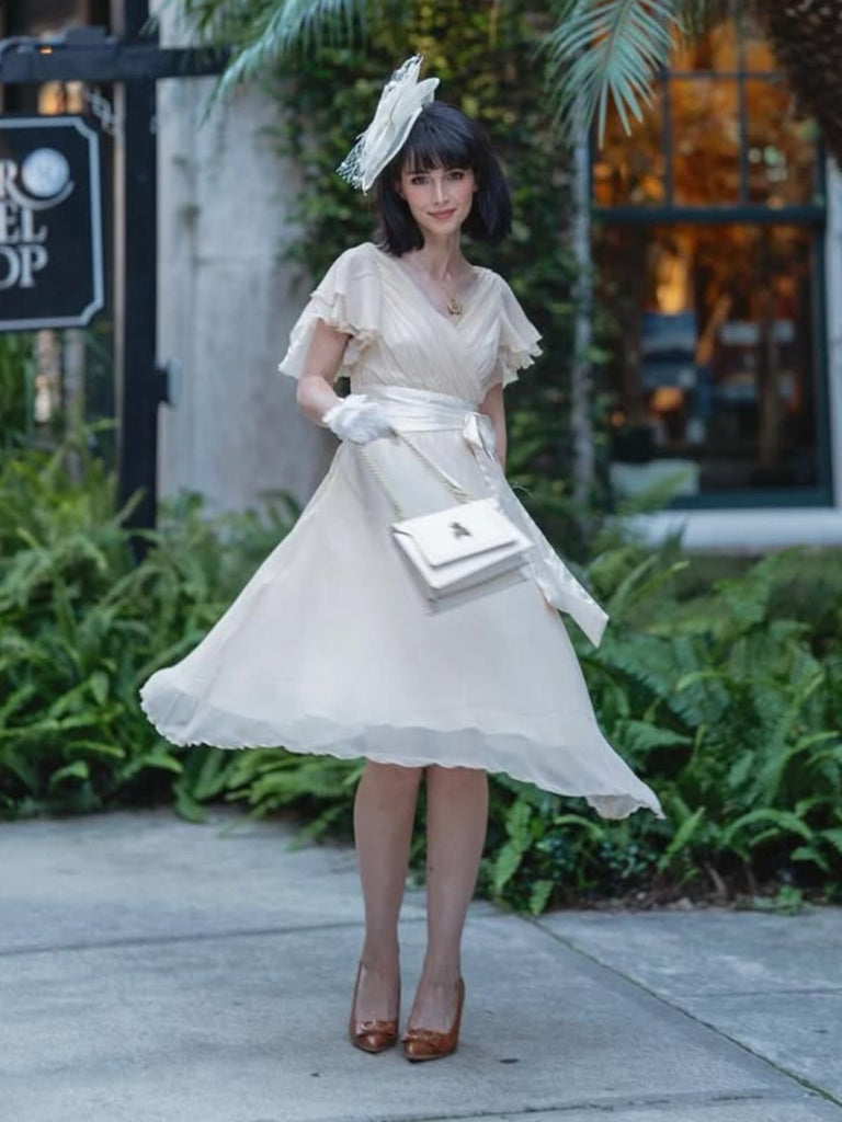 Abito da cocktail in tulle in raso champagne anni '50