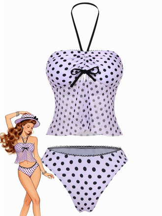Set tankini a pois con fiocco e scollo all'americana rosa anni '50