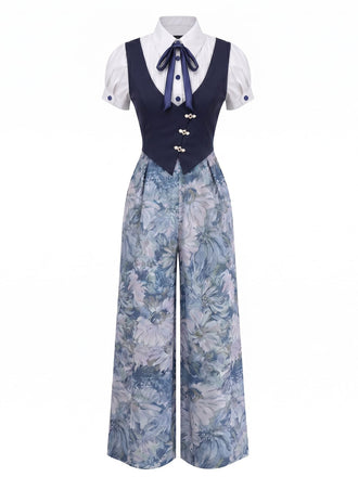 [Prevendita] Tuta Lunga Finto 3PCS con Fiocco Floreale - Blu Anni '30