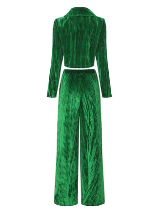 2PCS Blazer in flanella plissettata e pantaloni a gamba larga verde anni '80