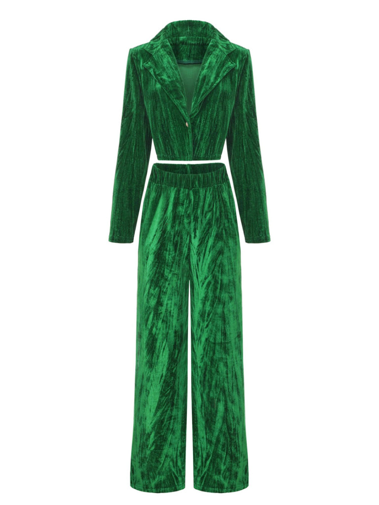 2PCS Blazer in flanella plissettata e pantaloni a gamba larga verde anni '80