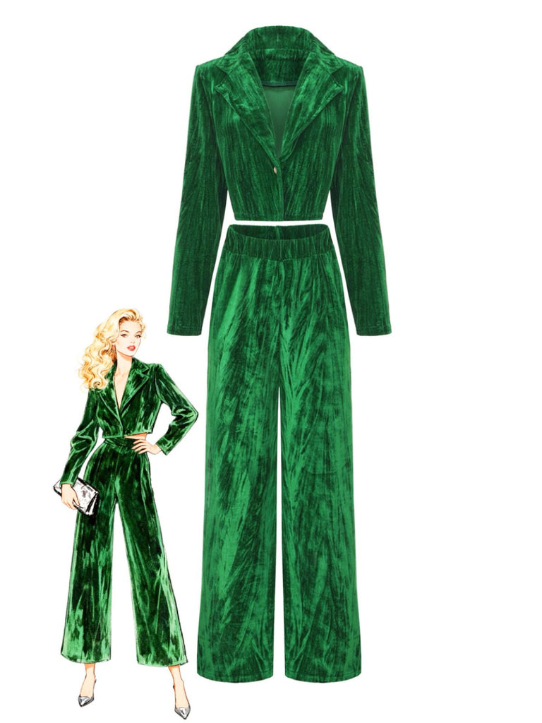 2PCS Blazer in flanella plissettata e pantaloni a gamba larga verde anni '80