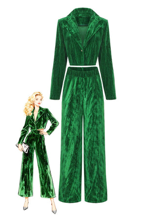 2PCS Blazer in flanella plissettata e pantaloni a gamba larga verde anni '80