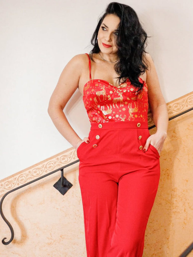 Tuta lunga in velluto dorato motivo alce natalizio rosso anni '30