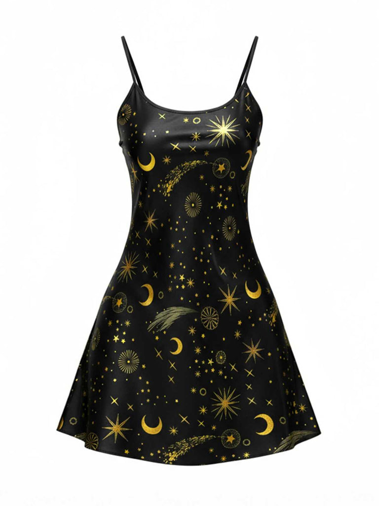 Camicia da notte stampa celeste con spalline sottili nero anni '70