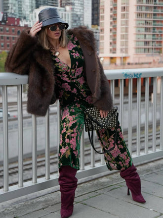 Tuta floreale in velluto scollo a V verde anni '30