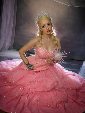 Abito a ruota in rete glitterata rosa anni '50