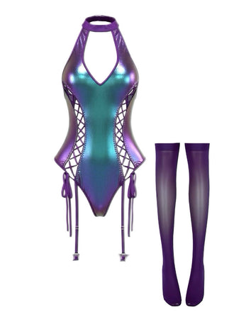 Completo intimo in pelle verniciata con lacci e reggiseno anni '80