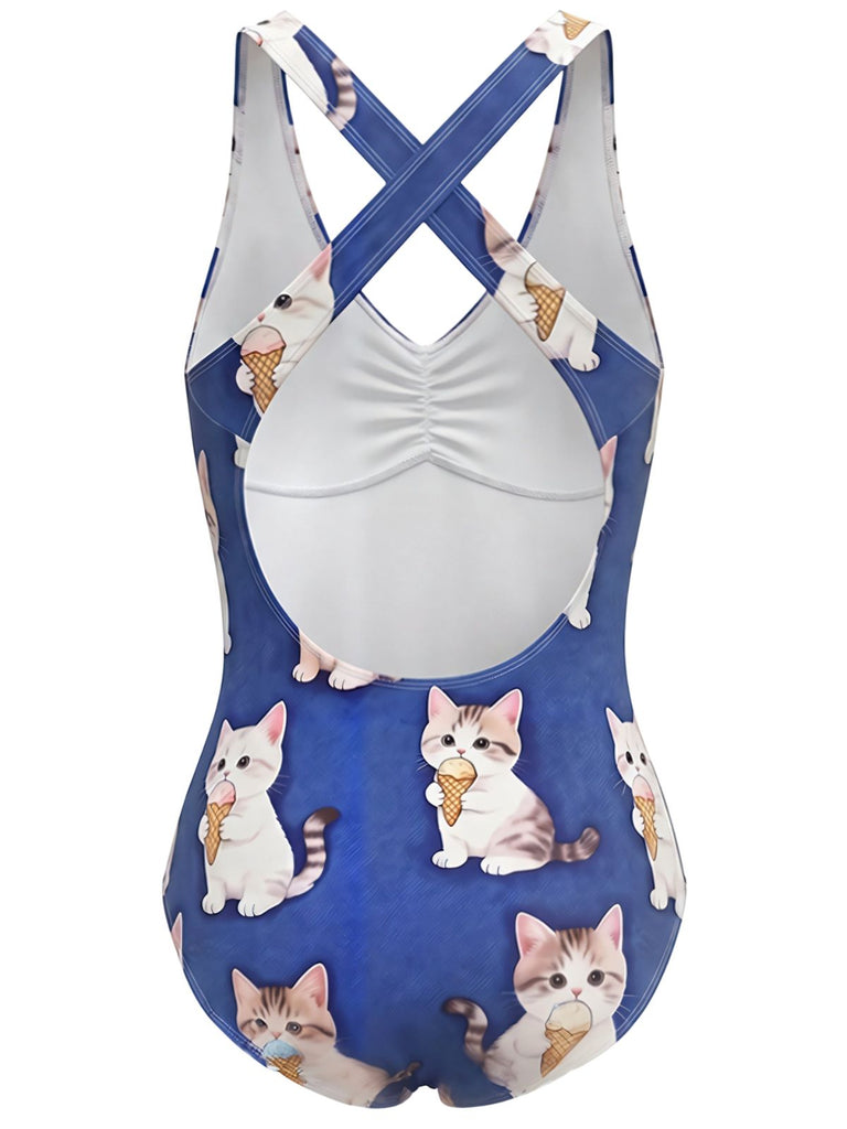 [Prevendita] Costume Intero con Stampa Gatto e Gelato Incrociato Anni '60 2