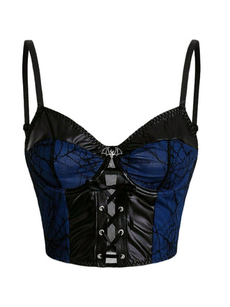 Top corsetto patchwork in pizzo punk blu scuro anni '80